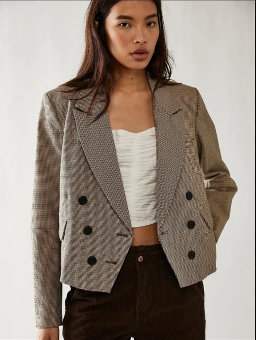 Free People Betty Blazer Houndstooth Cropped Brown Small NWT